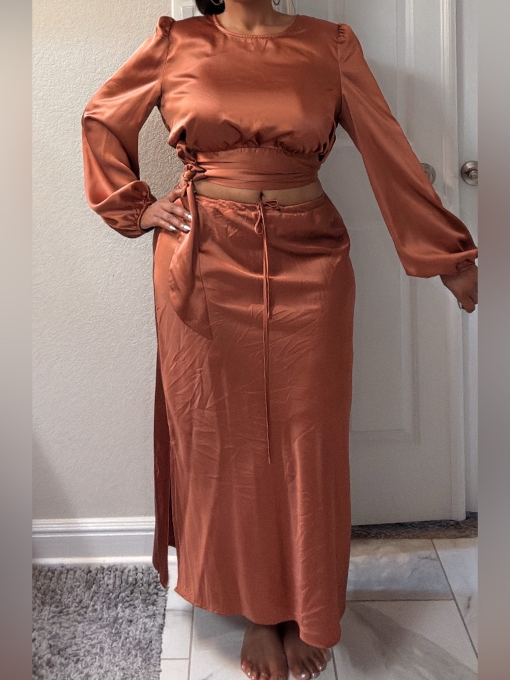 Satin Tie-Waist Maxi Skirt Set in Rust Copper